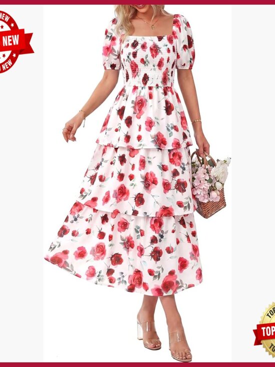 Dresses & Skirts - Women's Floral Maxi Dress Puff Sleeve Square Neck Smocked Tiered Boho